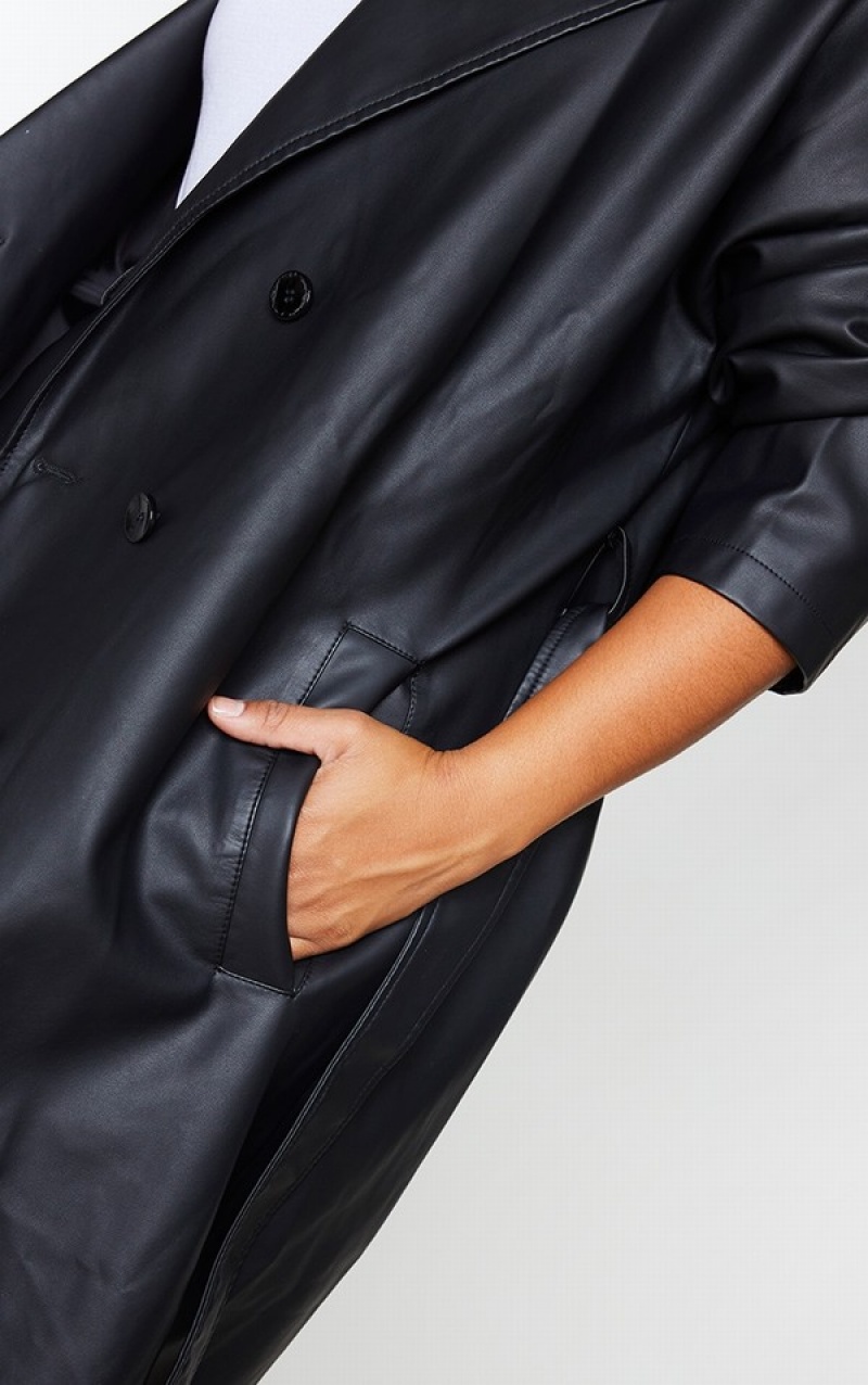 Geci Pretty Little Thing Plus Faux Piele Drop Arm Trench Negrii | AHPC29651