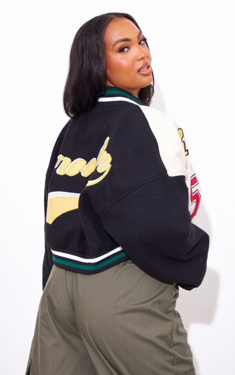 Geci Pretty Little Thing Plus Lână Look Grafice Front Cropped Bomber Negrii | PHXD02158