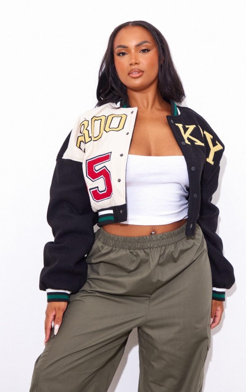 Geci Pretty Little Thing Plus Lână Look Grafice Front Cropped Bomber Negrii | PHXD02158