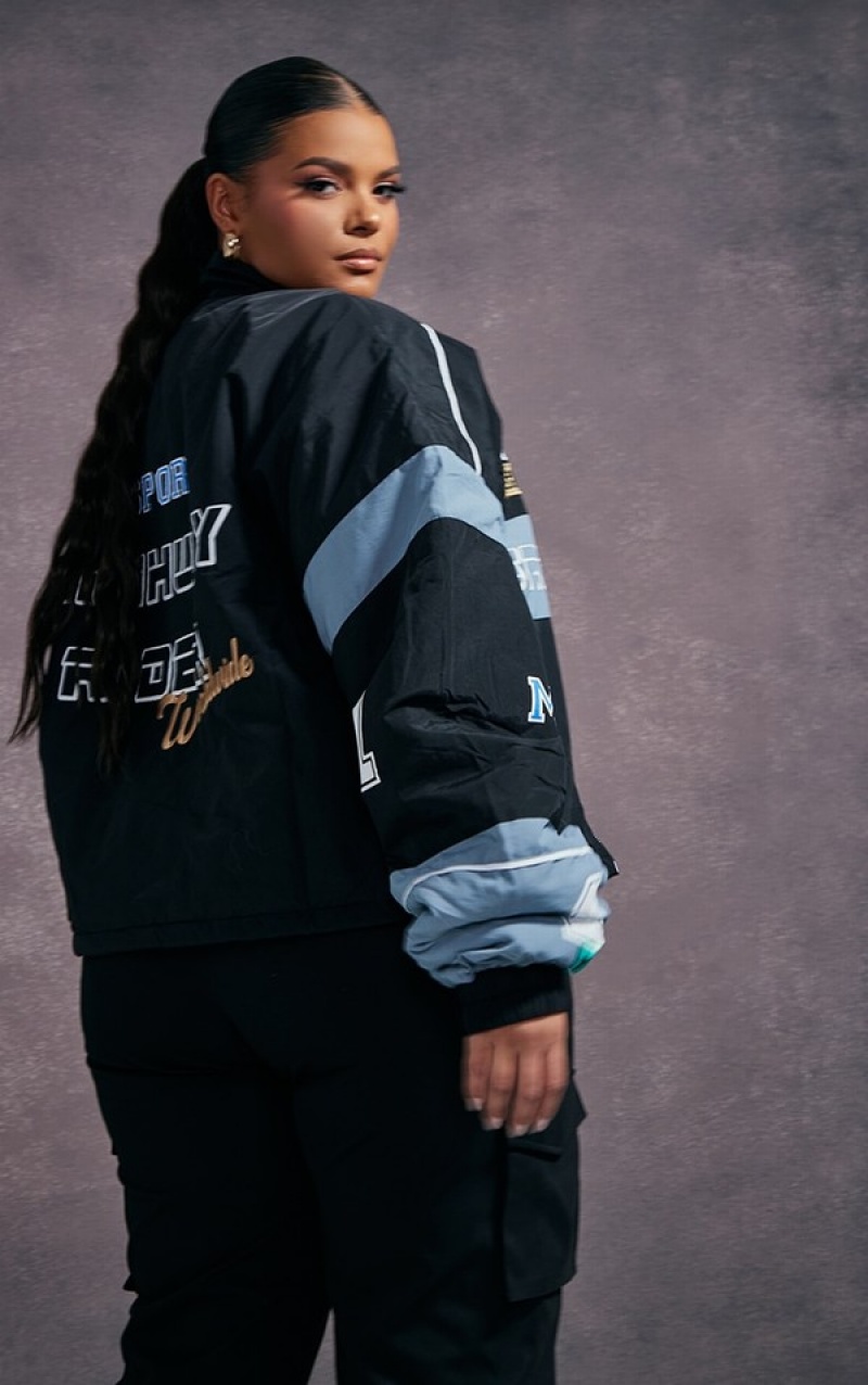 Geci Pretty Little Thing Plus Oversized Grafice Zipped Racer Bomber Negrii | SYAI02563