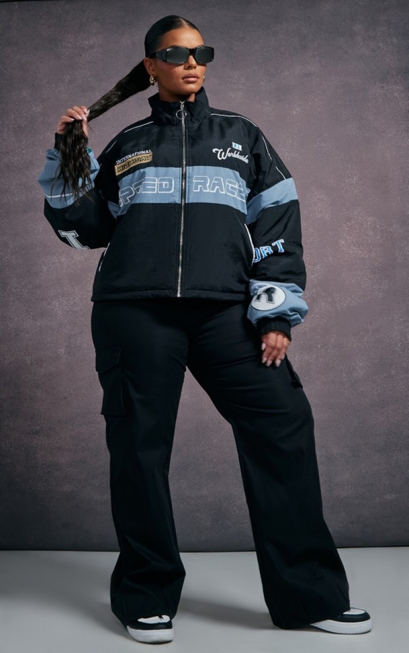 Geci Pretty Little Thing Plus Oversized Grafice Zipped Racer Bomber Negrii | SYAI02563