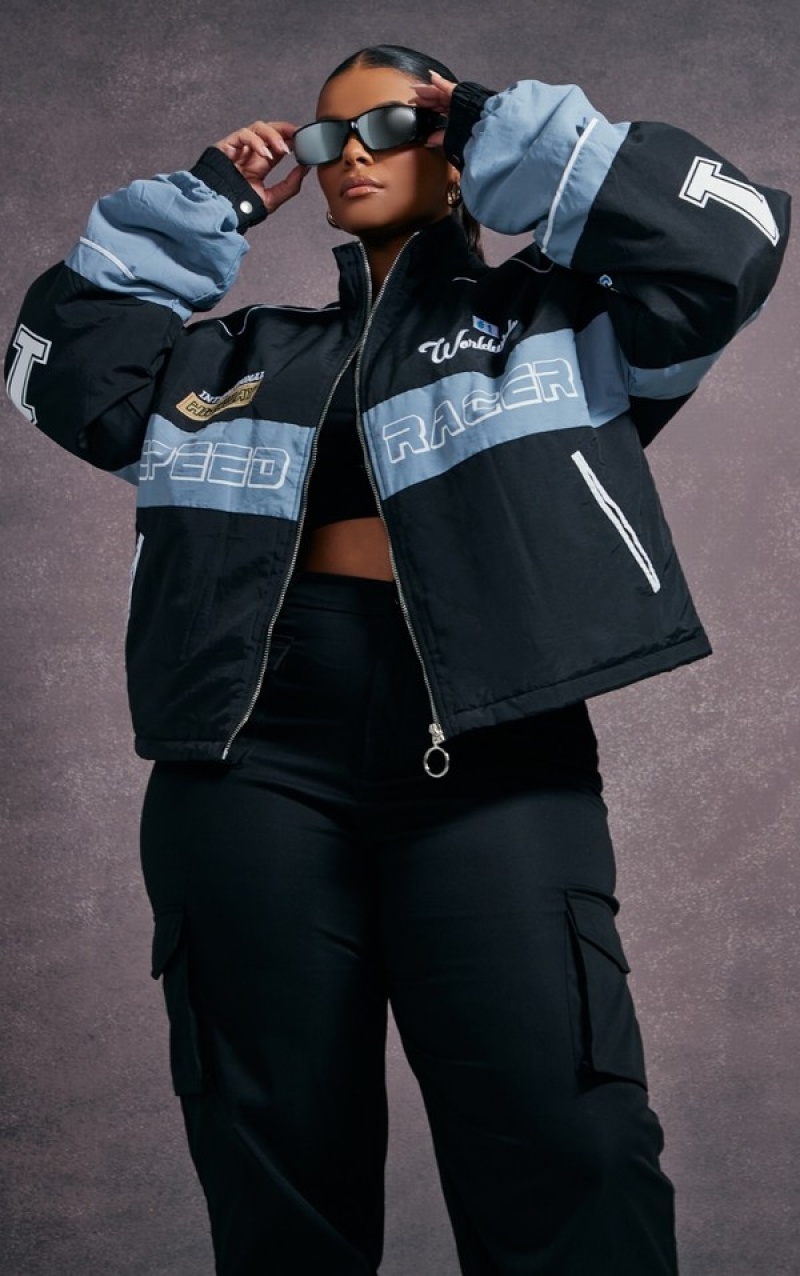 Geci Pretty Little Thing Plus Oversized Grafice Zipped Racer Bomber Negrii | SYAI02563