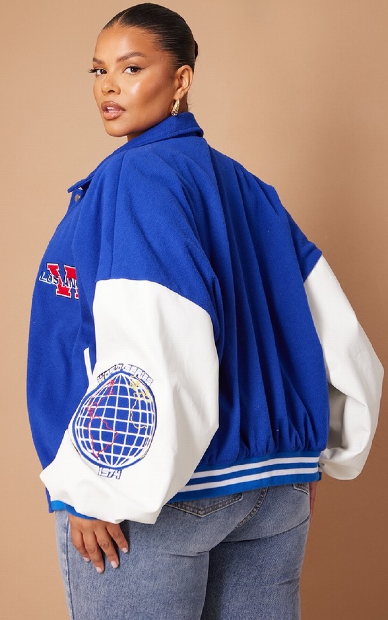 Geci Pretty Little Thing Plus Pocket Front Faux Piele Contrast Sleeve Bomber Albastri | OGTC12503