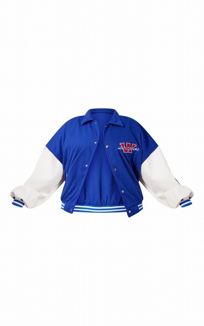 Geci Pretty Little Thing Plus Pocket Front Faux Piele Contrast Sleeve Bomber Albastri | OGTC12503