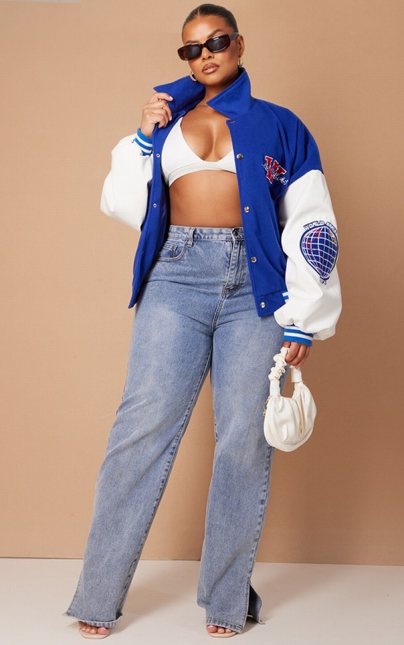 Geci Pretty Little Thing Plus Pocket Front Faux Piele Contrast Sleeve Bomber Albastri | OGTC12503