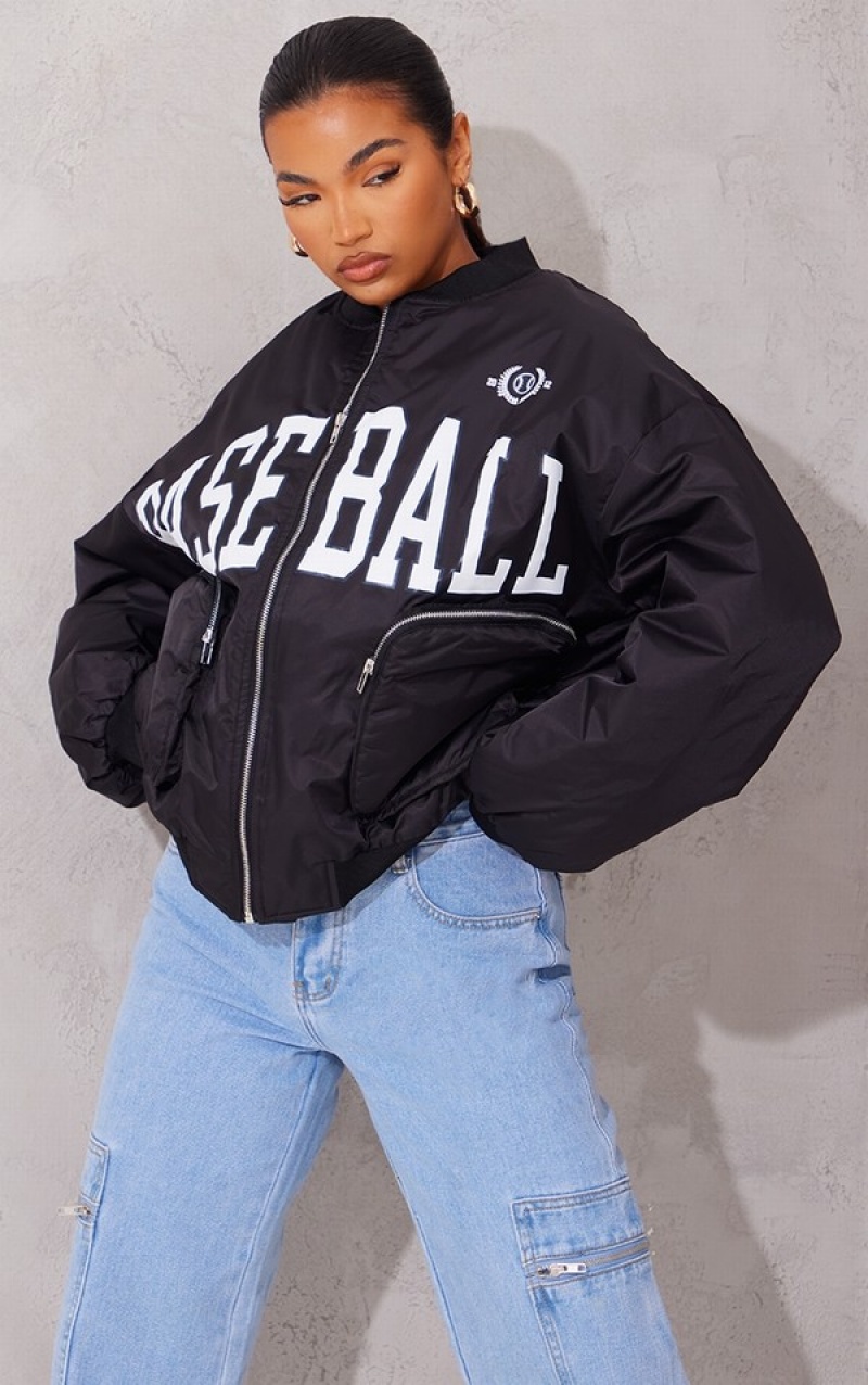 Geci Pretty Little Thing Utility Pocket Grafice Front Bomber Negrii | VPAK62054