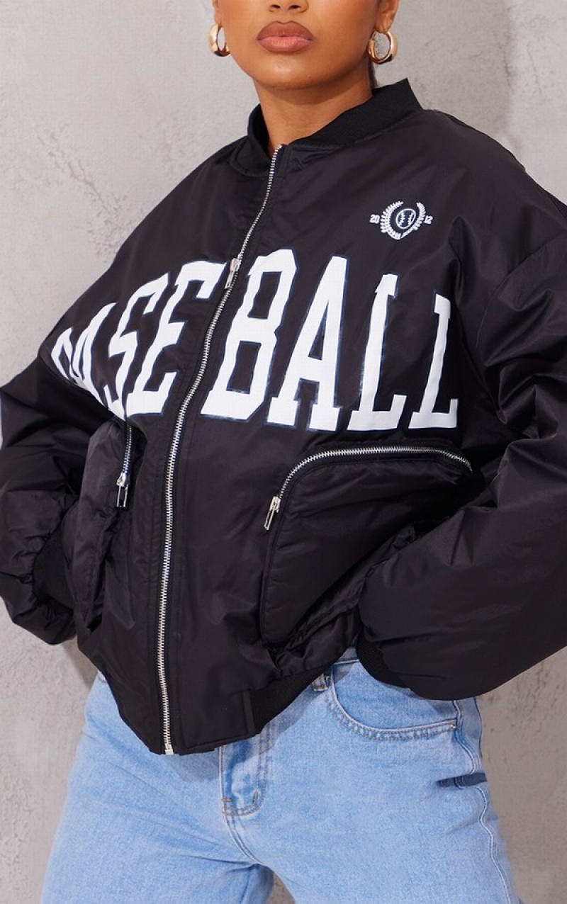 Geci Pretty Little Thing Utility Pocket Grafice Front Bomber Negrii | VPAK62054