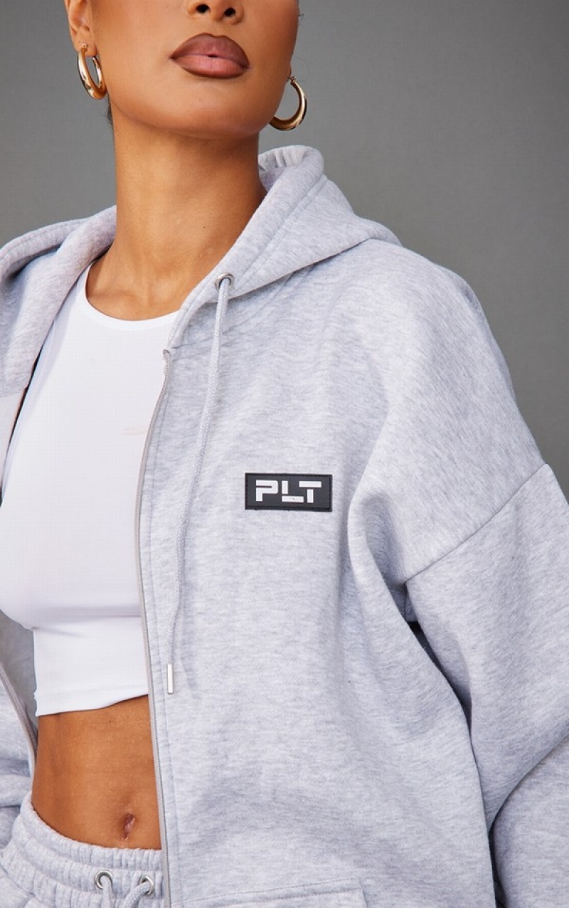 Hanorac cu Gluga Pretty Little Thing Ash Badge Oversized Zip Gri | NKIT31682