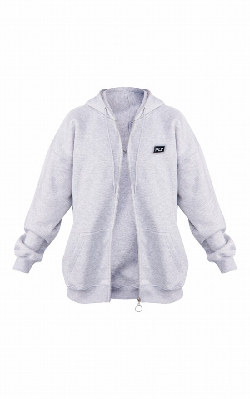 Hanorac cu Gluga Pretty Little Thing Ash Badge Oversized Zip Gri | NKIT31682