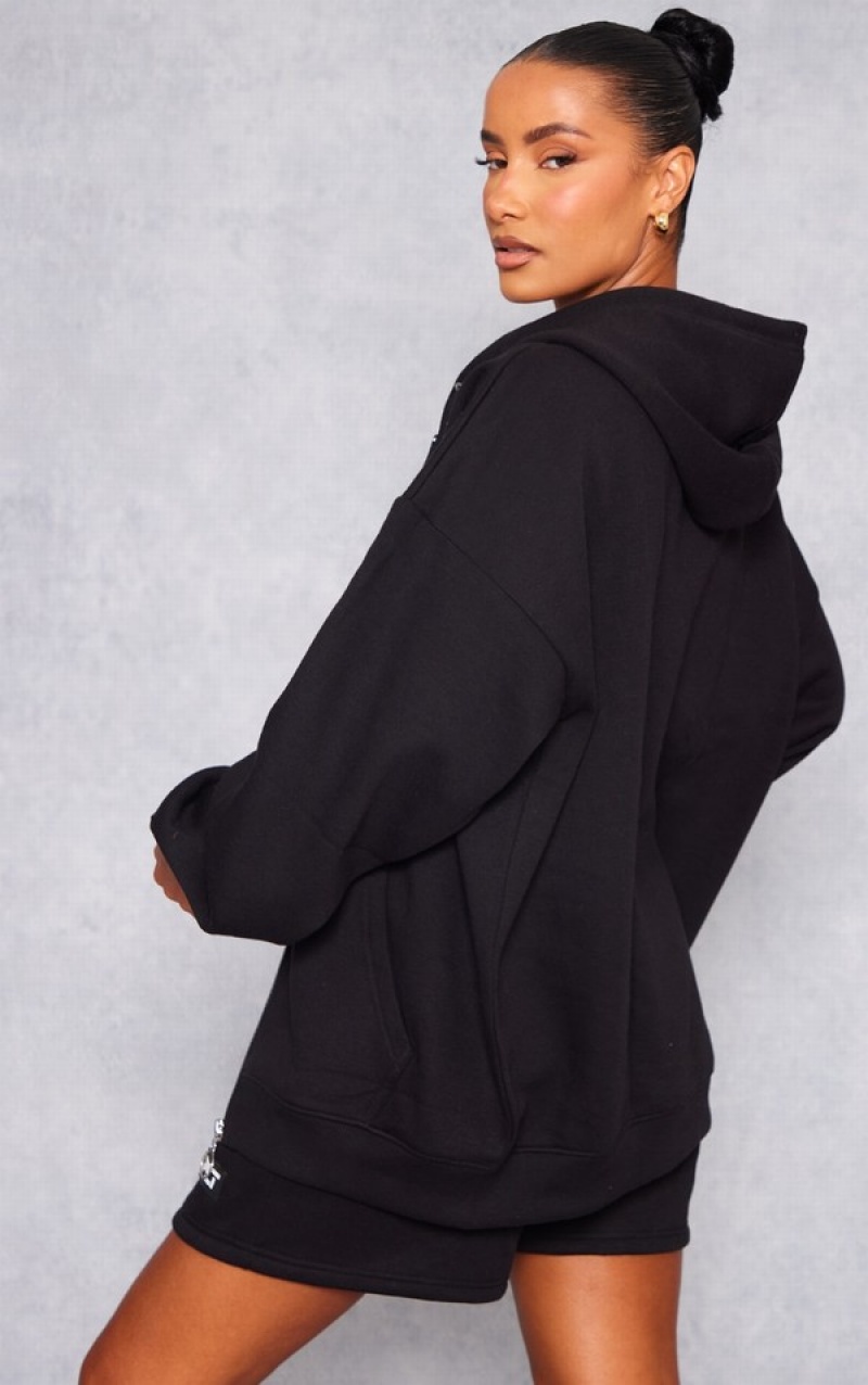 Hanorac cu Gluga Pretty Little Thing Badge Oversized Zip Up Negrii | PWXJ91453