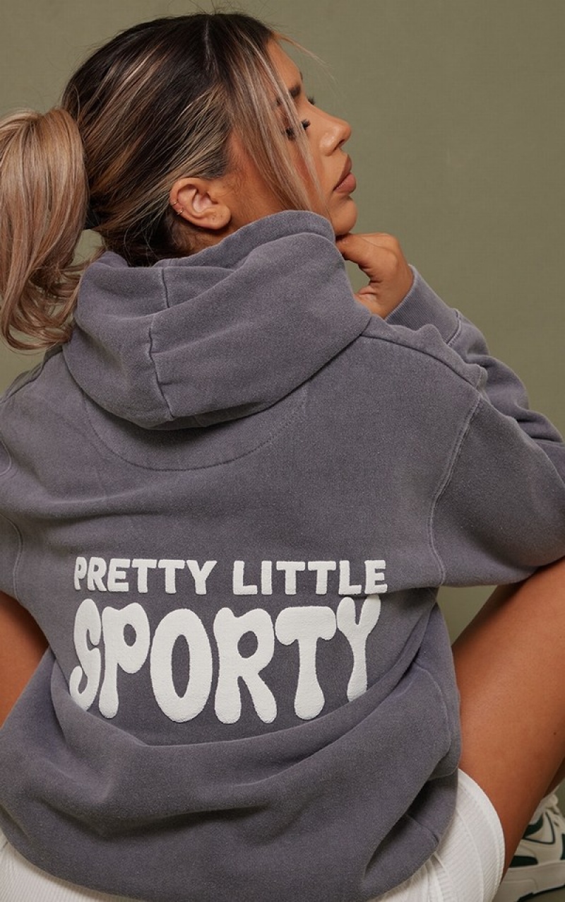 Hanorac cu Gluga Pretty Little Thing Charcoal Pretty Little Sportive Back Puff Print Gri | RQLE92810