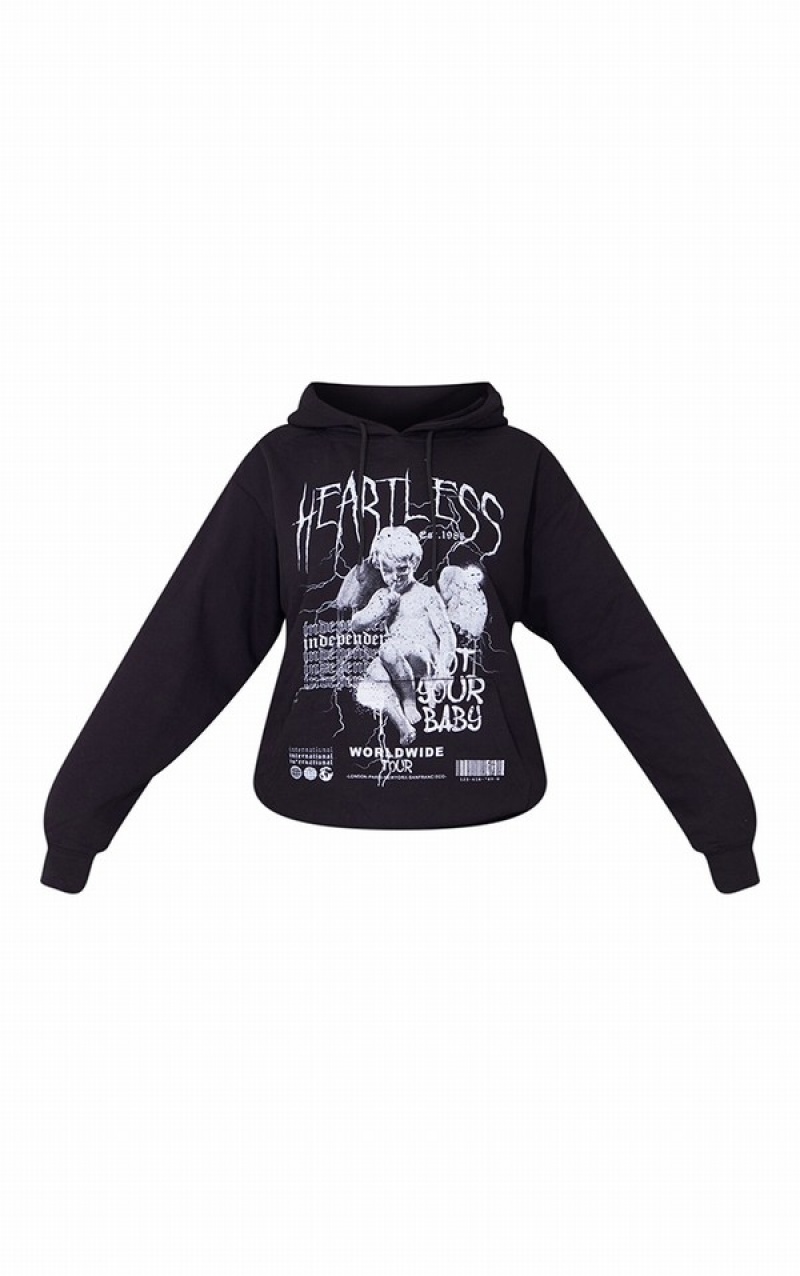 Hanorac cu Gluga Pretty Little Thing Heartless Grafice Printed Negrii | ZYGB86139