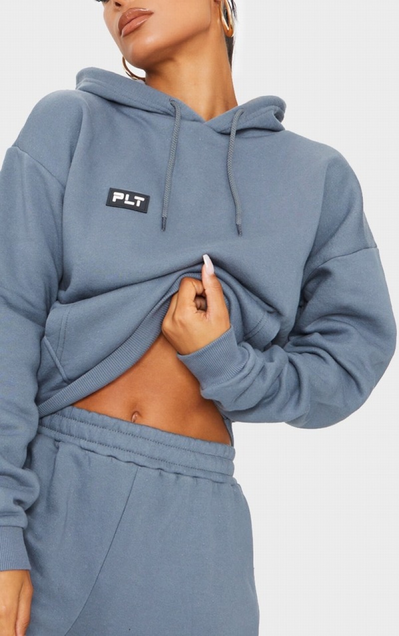 Hanorac cu Gluga Pretty Little Thing Logo Charcoal Badge Detail Oversized Gri | YQMN79148