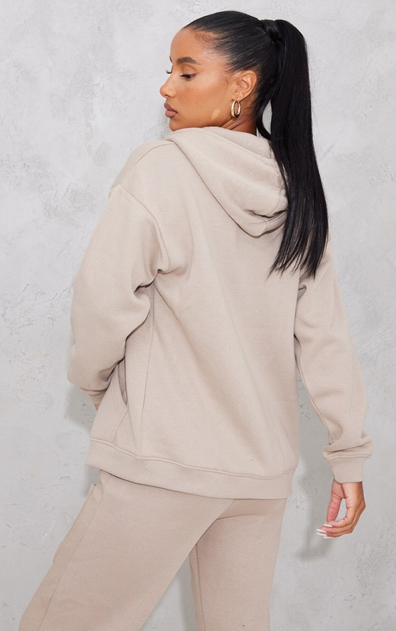 Hanorac cu Gluga Pretty Little Thing Mocha Printed Extreme Oversized Zip Throug Bej | ZVNO58947