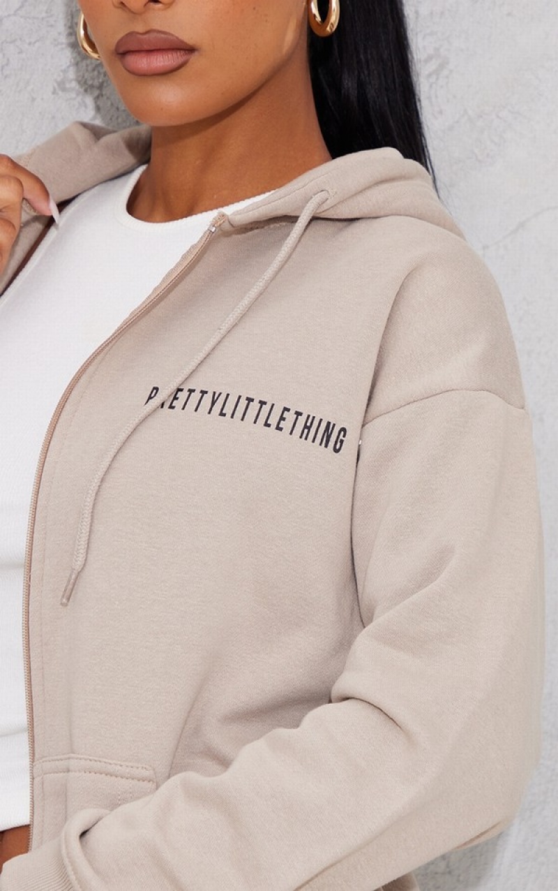 Hanorac cu Gluga Pretty Little Thing Mocha Printed Extreme Oversized Zip Throug Bej | ZVNO58947