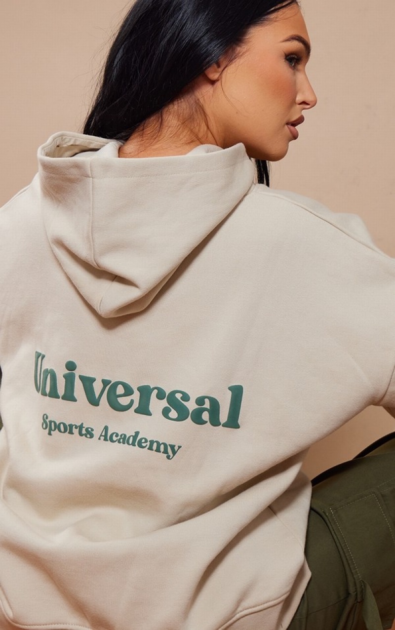 Hanorac cu Gluga Pretty Little Thing Natural Stone Universal Sports Academy Print Bej Gri | SCUE78621