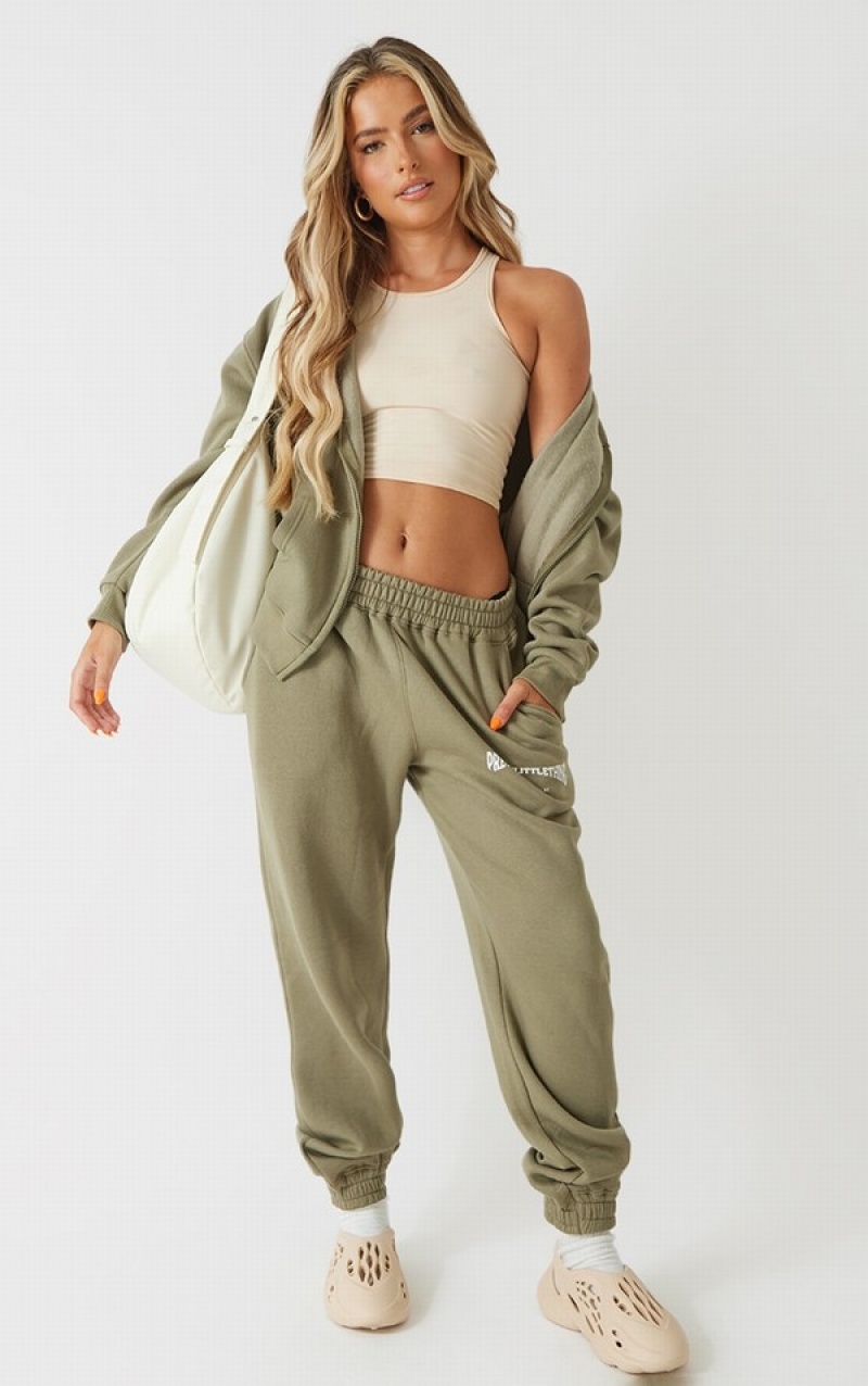 Hanorac cu Gluga Pretty Little Thing New Vibe Print Oversized Zip Up Kaki | AZYR79513