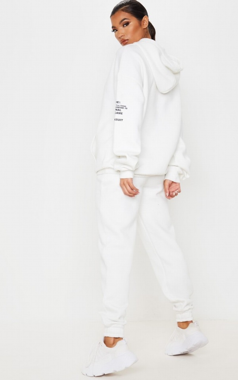 Hanorac cu Gluga Pretty Little Thing Oversized Grafice Printed Pocket Front Albi | XBRN08597