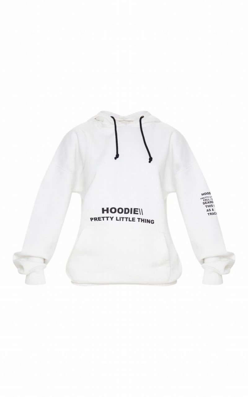 Hanorac cu Gluga Pretty Little Thing Oversized Grafice Printed Pocket Front Albi | XBRN08597