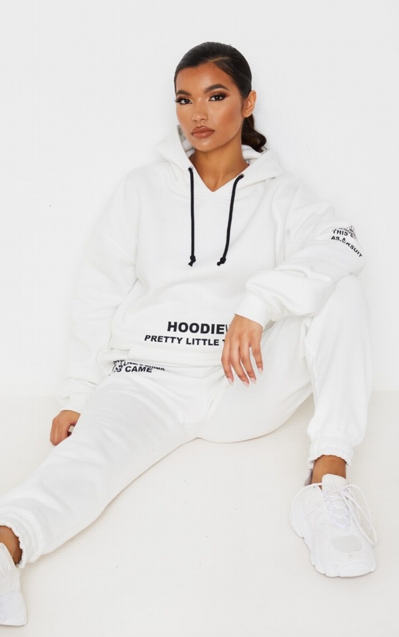 Hanorac cu Gluga Pretty Little Thing Oversized Grafice Printed Pocket Front Albi | XBRN08597