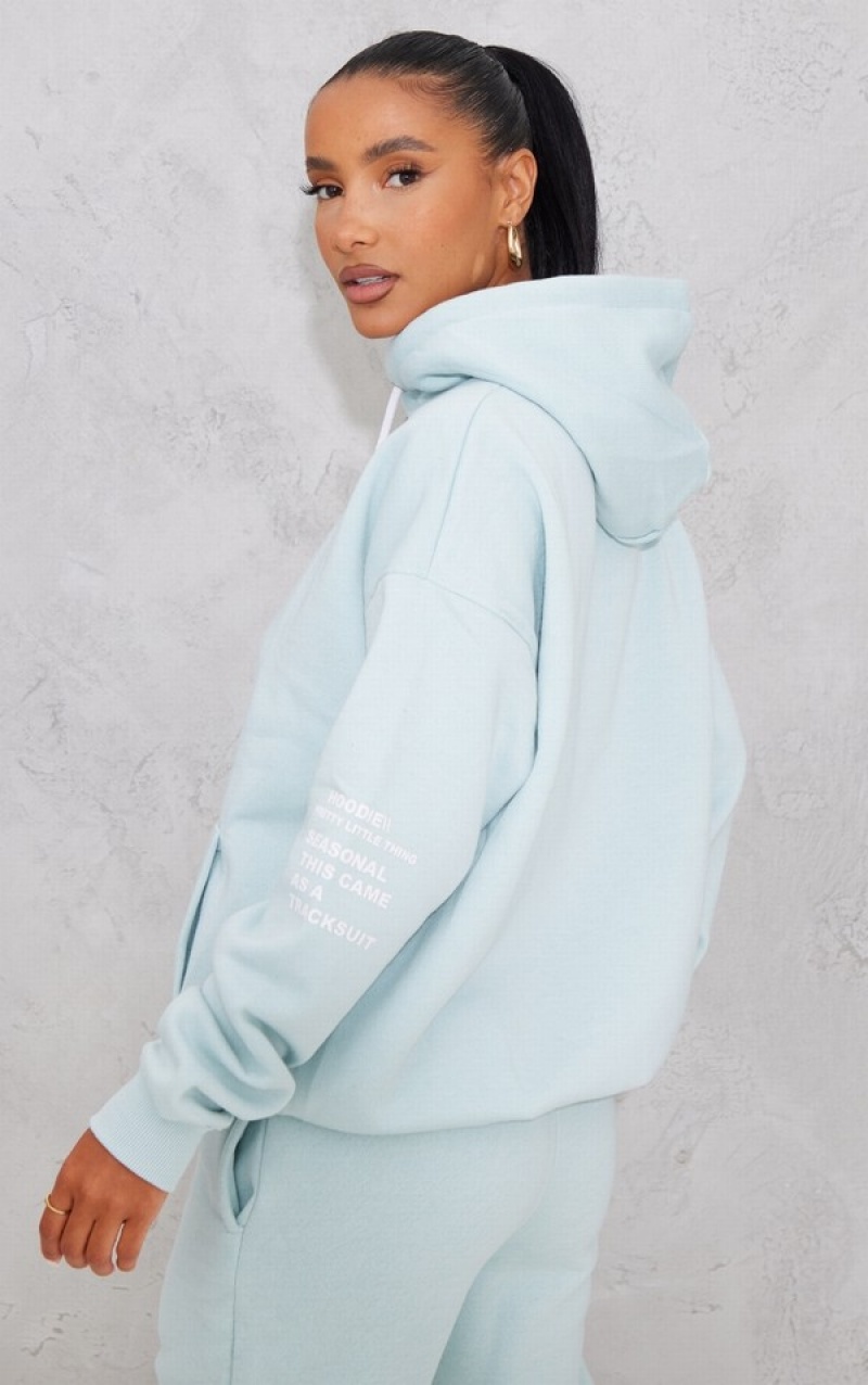 Hanorac cu Gluga Pretty Little Thing Oversized Grafice Printed Pocket Front Albastri Deschis | UTYO39714