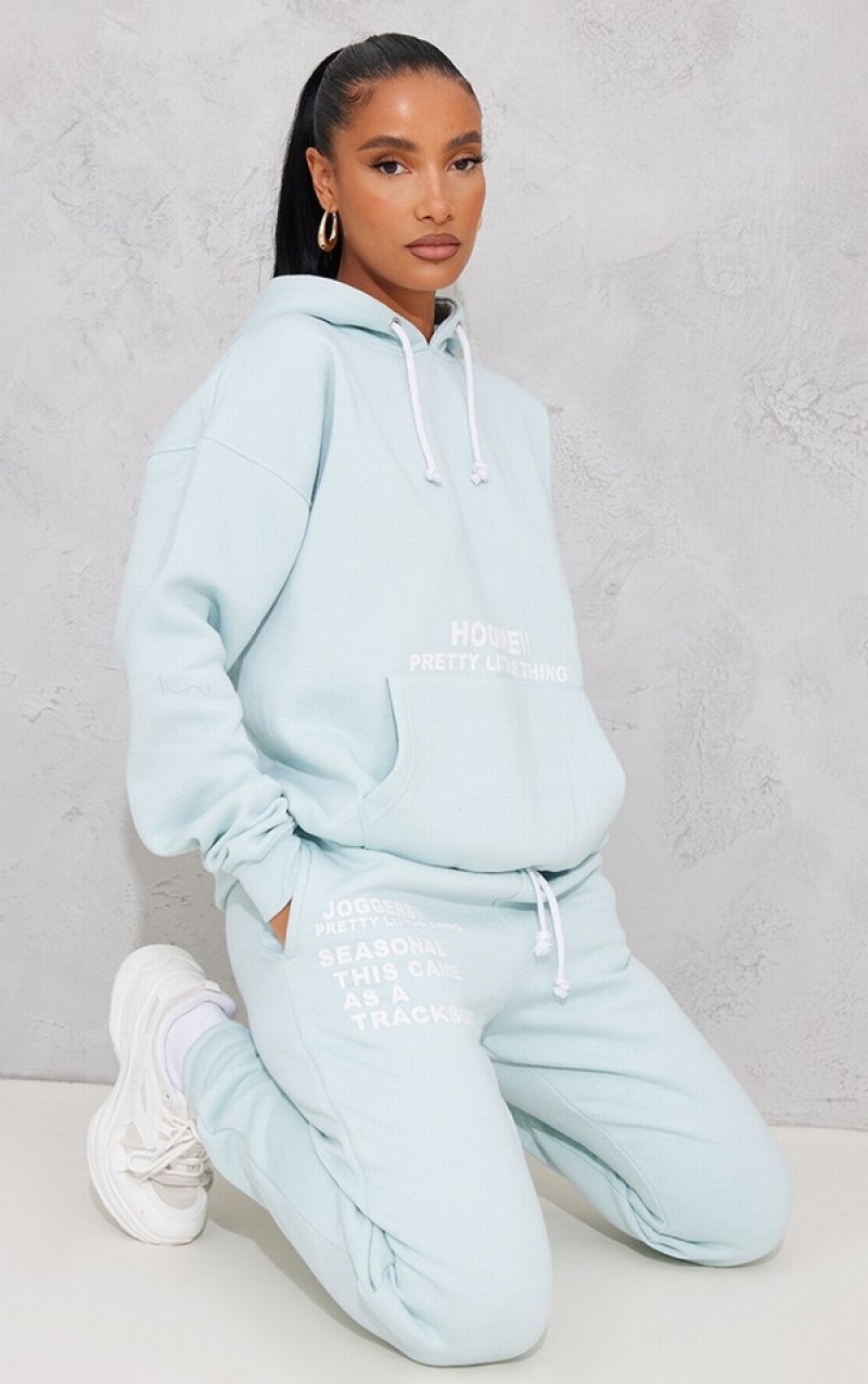 Hanorac cu Gluga Pretty Little Thing Oversized Grafice Printed Pocket Front Albastri Deschis | UTYO39714