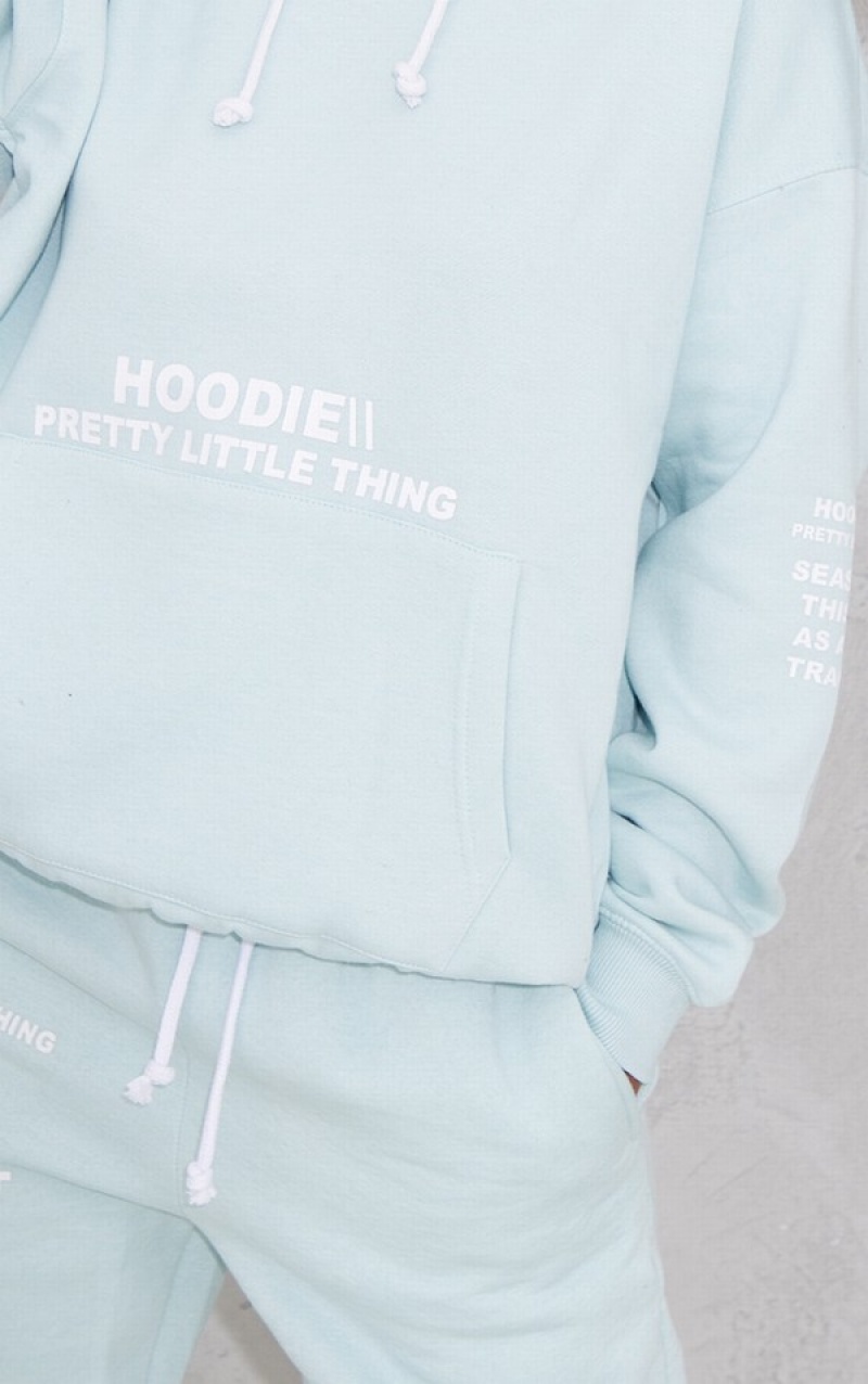 Hanorac cu Gluga Pretty Little Thing Oversized Grafice Printed Pocket Front Albastri Deschis | UTYO39714