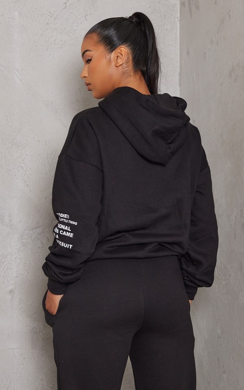 Hanorac cu Gluga Pretty Little Thing Oversized Grafice Printed Pocket Front Negrii | HCTG18364