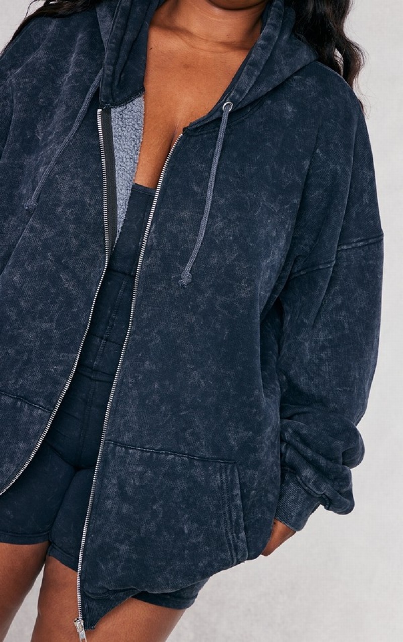 Hanorac cu Gluga Pretty Little Thing Plus Charcoal Washed Oversized Zip Gri | HFMA89342