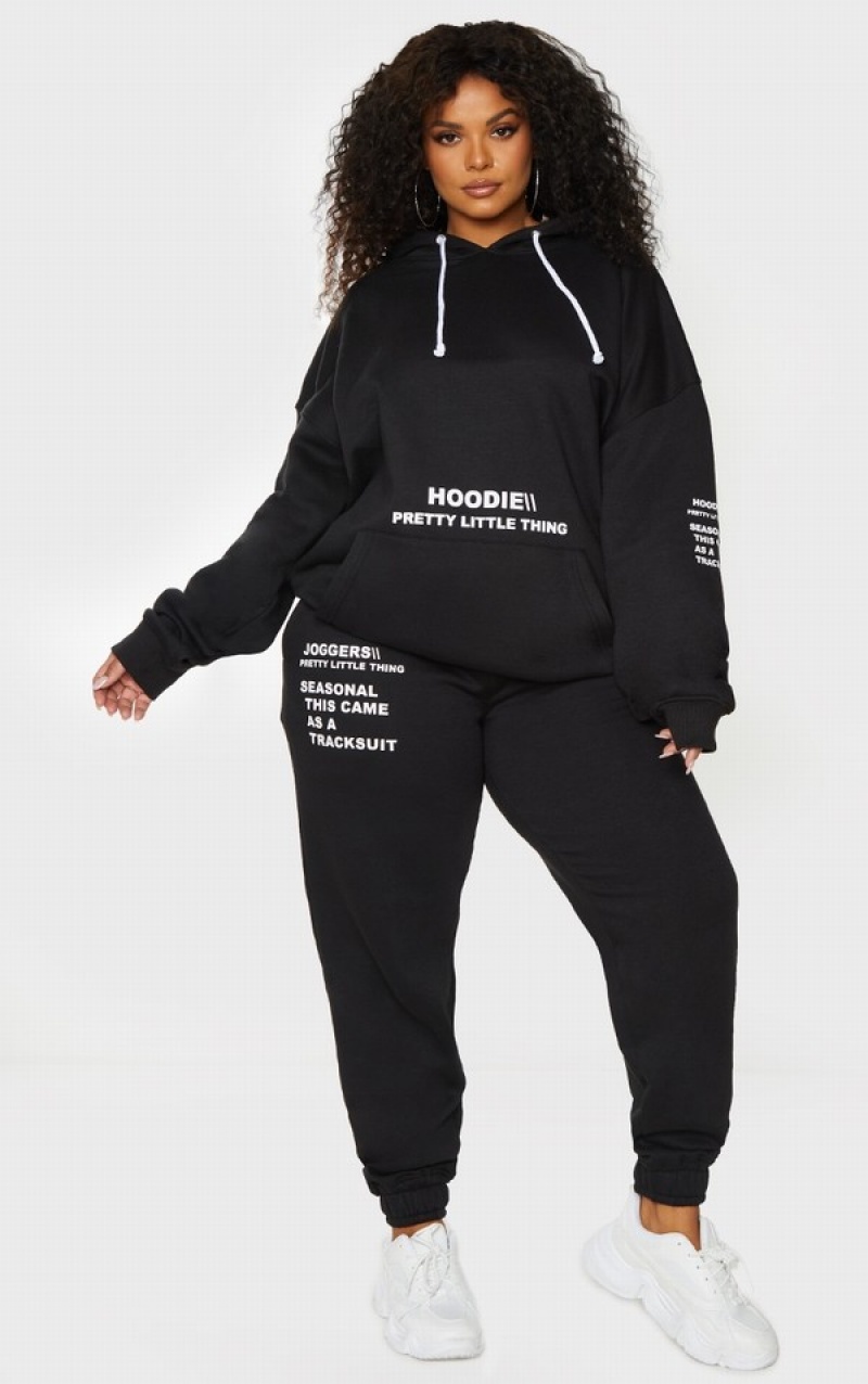 Hanorac cu Gluga Pretty Little Thing Plus Oversized Fit Grafice Printed Negrii | KDAX01632