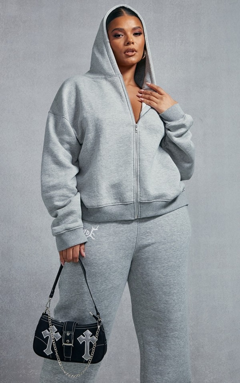 Hanorac cu Gluga Pretty Little Thing Plus Marl Worldwide Grafice Zip Up Gri | QLYB68214