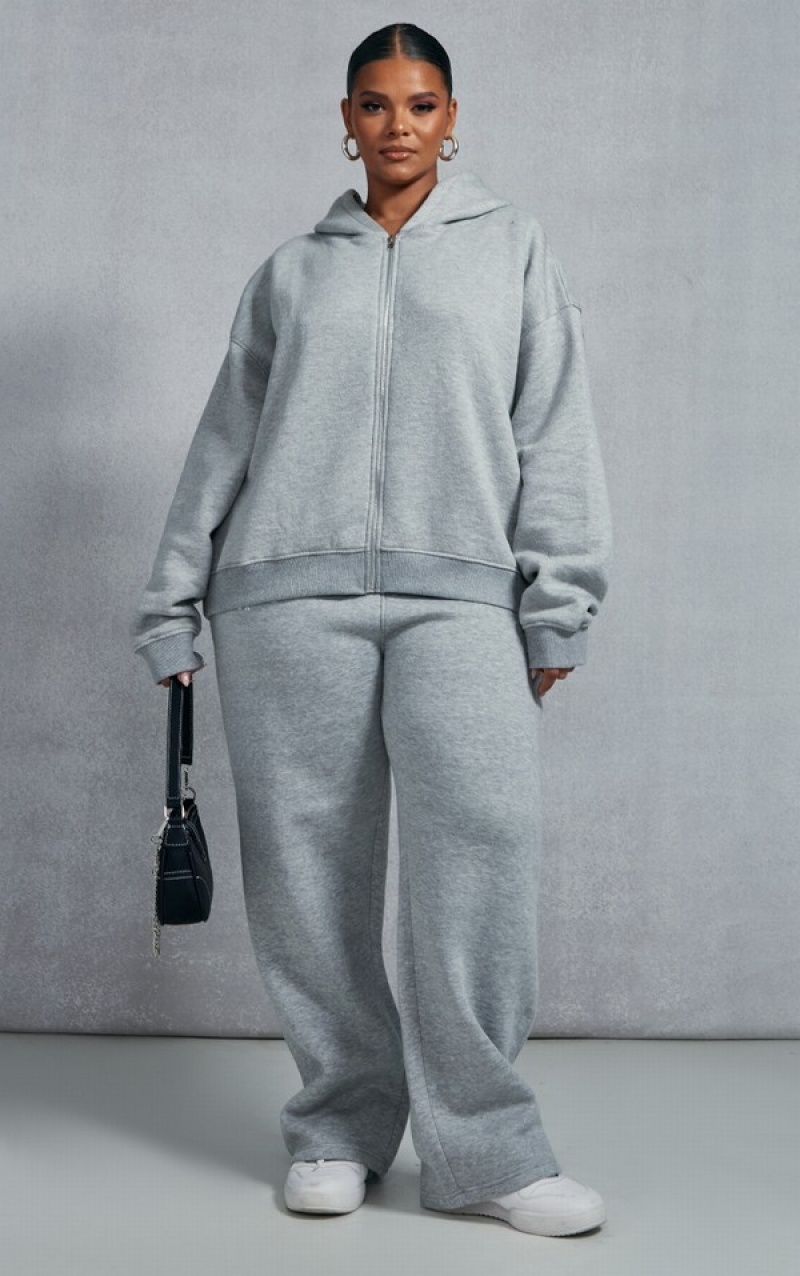 Hanorac cu Gluga Pretty Little Thing Plus Marl Worldwide Grafice Zip Up Gri | QLYB68214