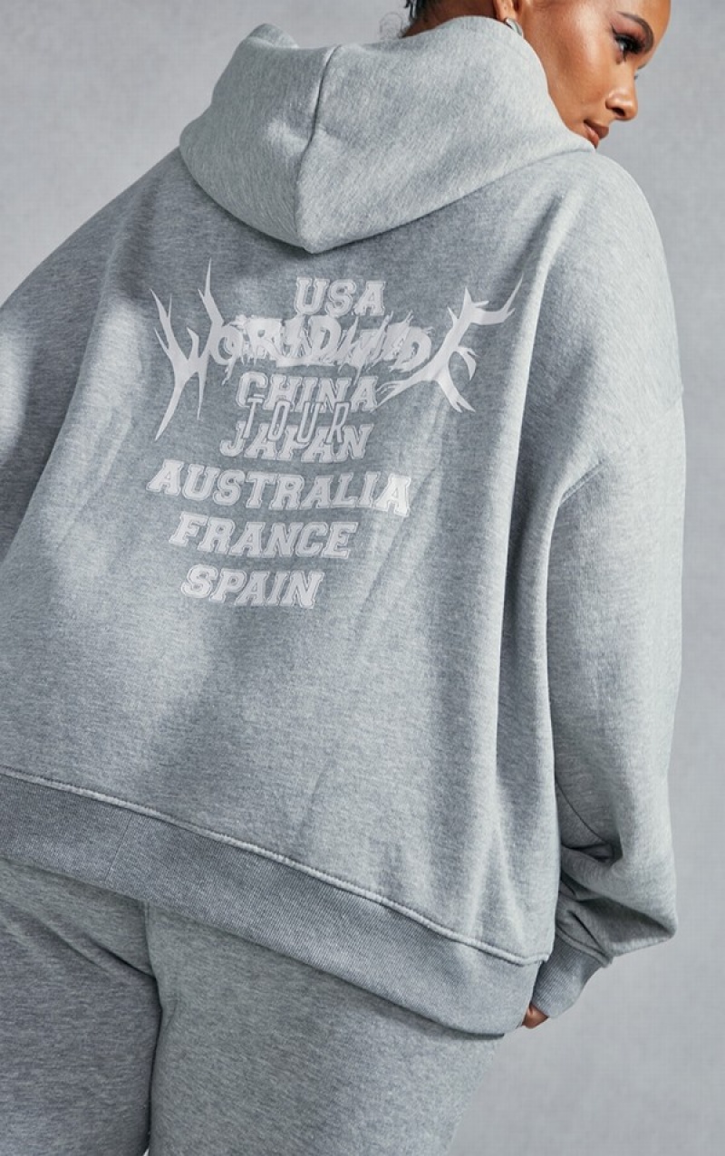 Hanorac cu Gluga Pretty Little Thing Plus Marl Worldwide Grafice Zip Up Gri | QLYB68214