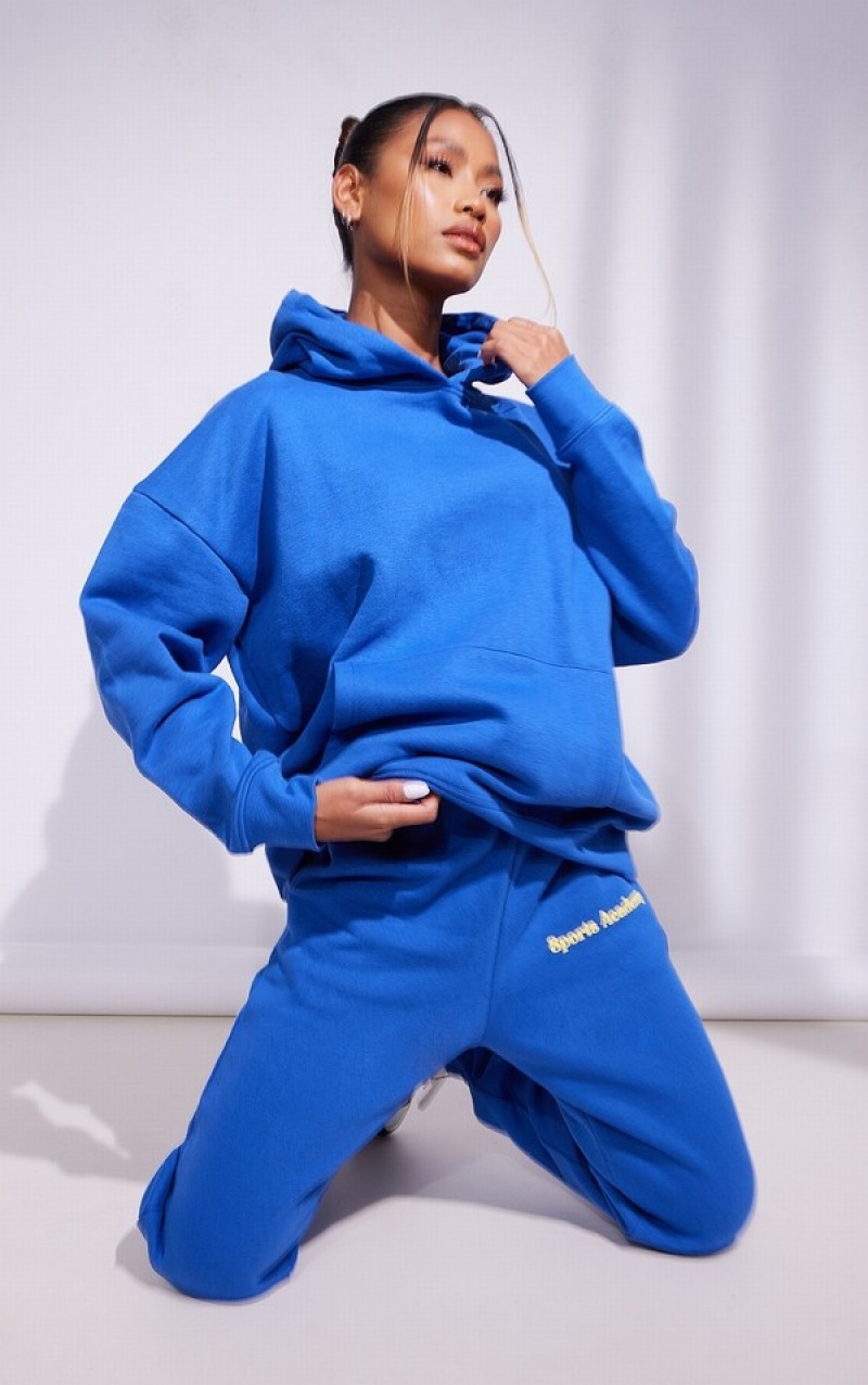 Hanorac cu Gluga Pretty Little Thing Premium Royal Sports Academy Puff Print Oversized Albastri | EOFK72135