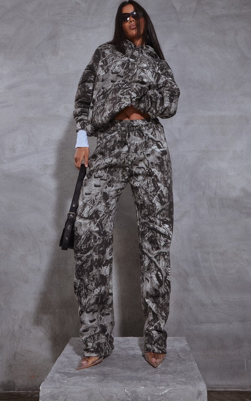 Hanorac cu Gluga Pretty Little Thing RENEW Abstract Oversized Gri | GKNL57280