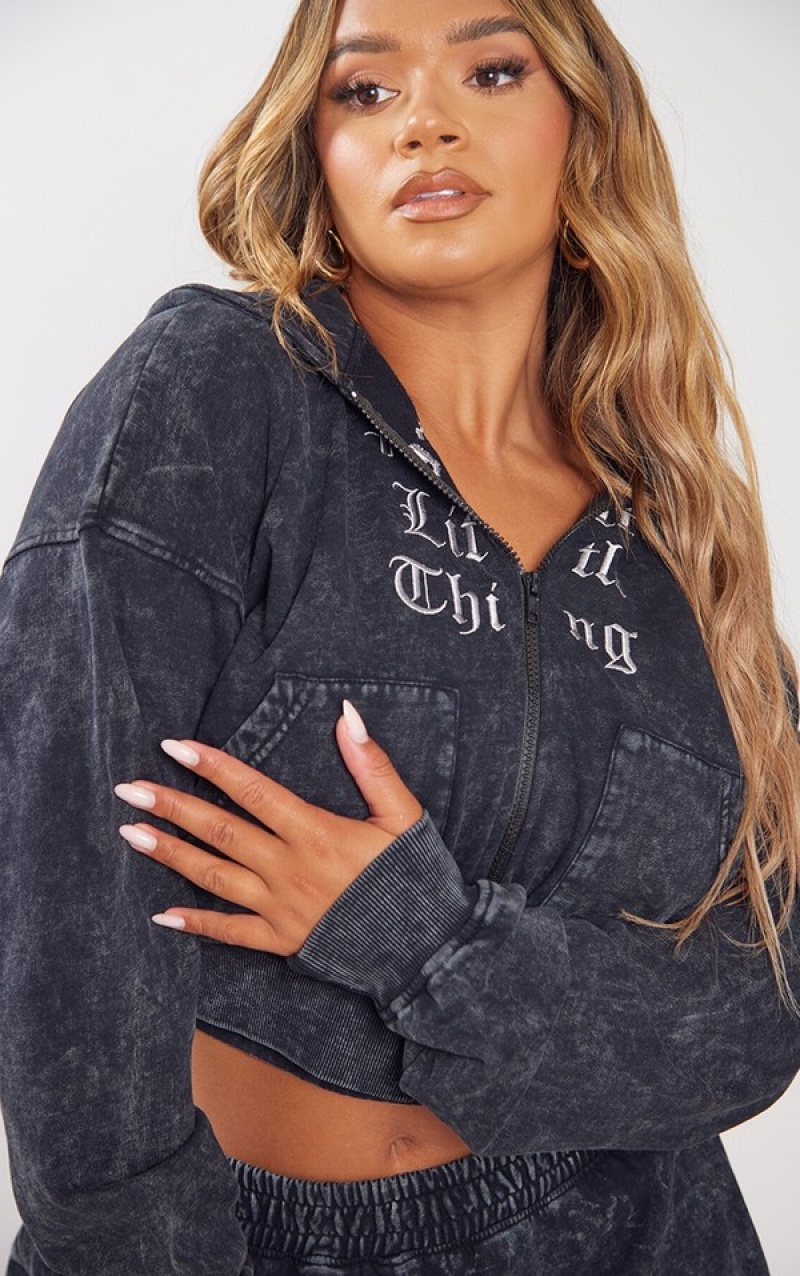 Hanorac cu Gluga Pretty Little Thing Shape Charcoal Printed Zip Through Washed Gri | WYCL58067