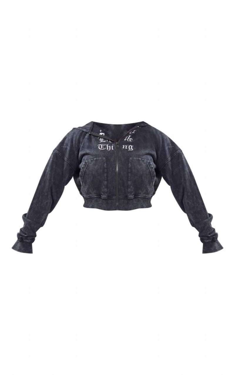 Hanorac cu Gluga Pretty Little Thing Shape Charcoal Printed Zip Through Washed Gri | WYCL58067