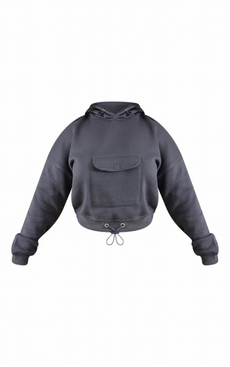 Hanorac cu Gluga Pretty Little Thing Shape Charcoal Toggle Pocket Detail Cropped Gri | XRUC85341