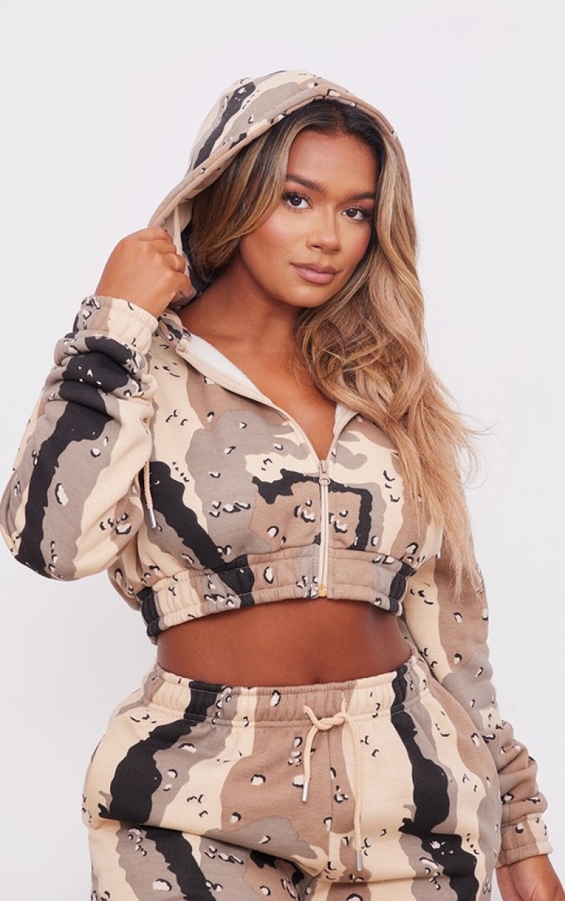 Hanorac cu Gluga Pretty Little Thing Shape Stone Cropped Camo Gri | REPA86042
