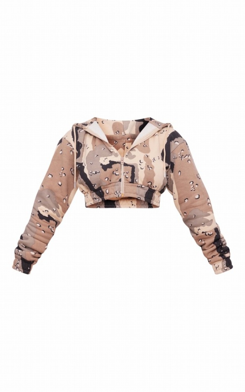 Hanorac cu Gluga Pretty Little Thing Shape Stone Cropped Camo Gri | REPA86042