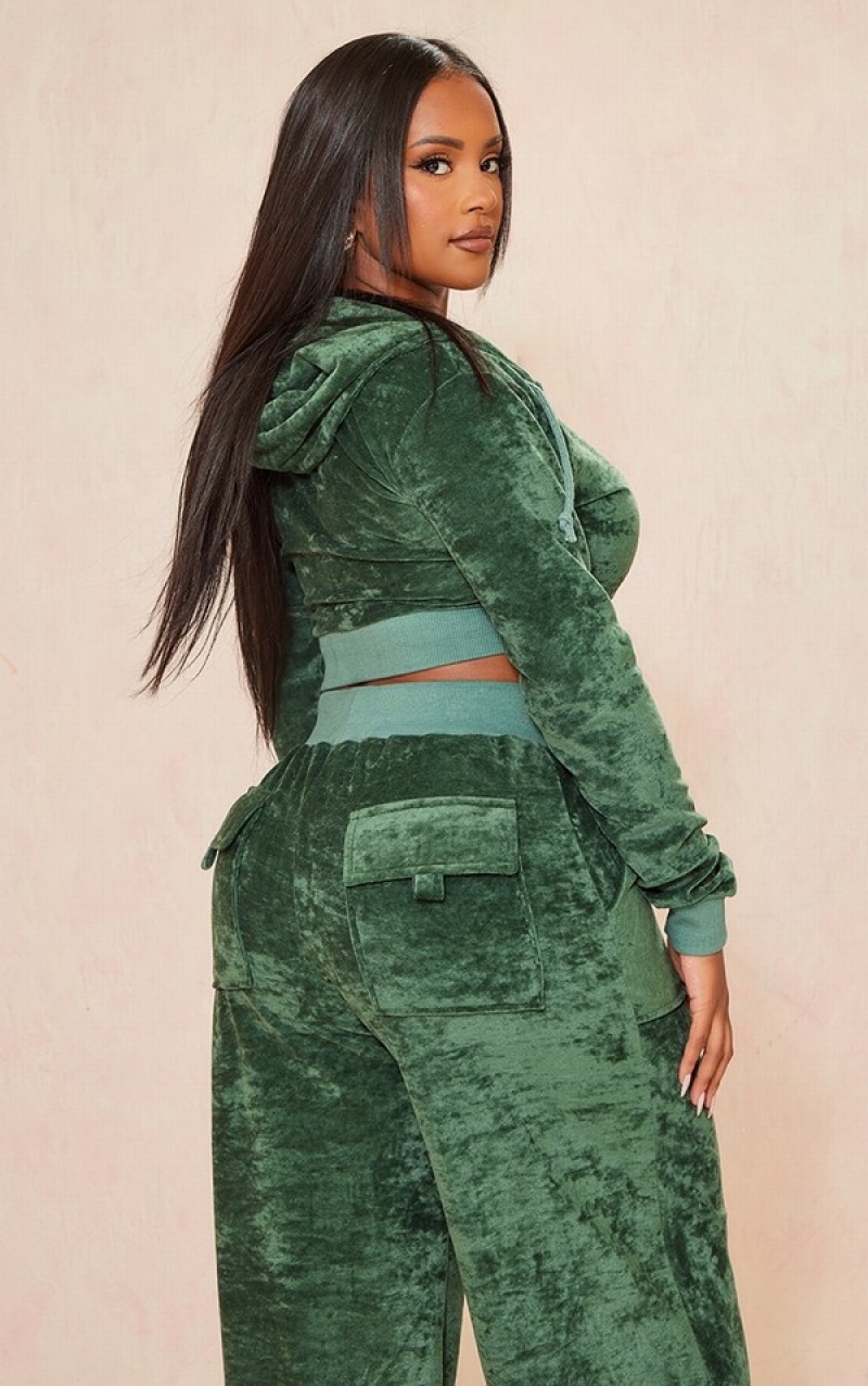 Hanorac cu Gluga Pretty Little Thing Shape Velour Cropped Verzi Inchis | AMCL01423
