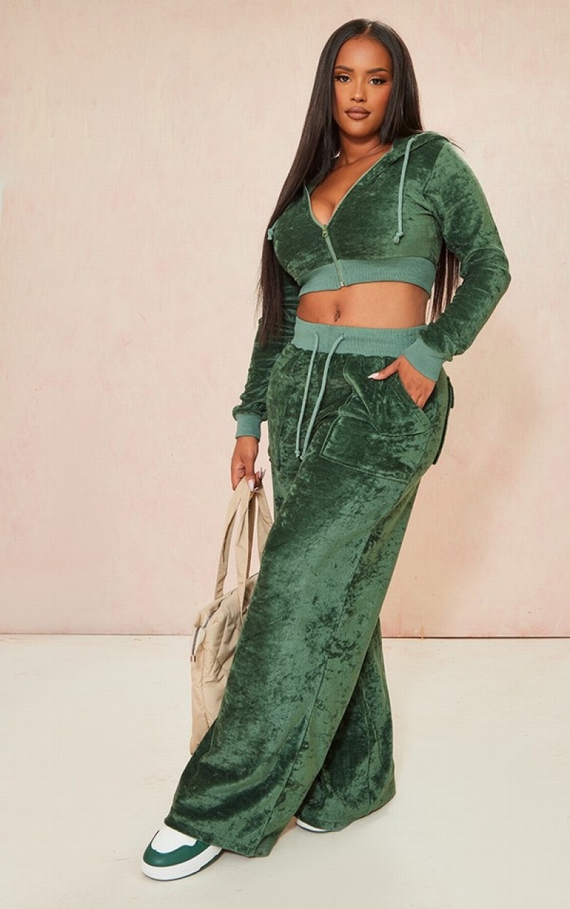 Hanorac cu Gluga Pretty Little Thing Shape Velour Cropped Verzi Inchis | AMCL01423