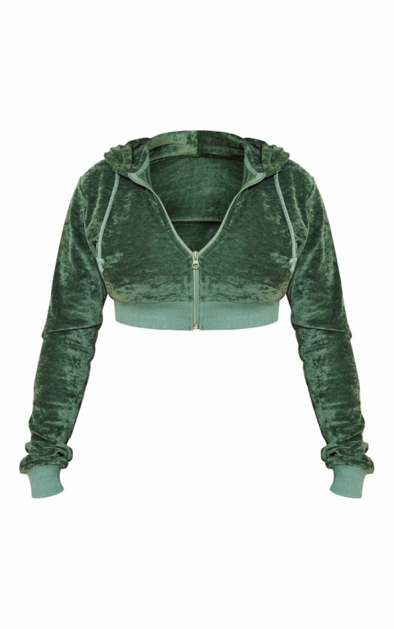 Hanorac cu Gluga Pretty Little Thing Shape Velour Cropped Verzi Inchis | AMCL01423