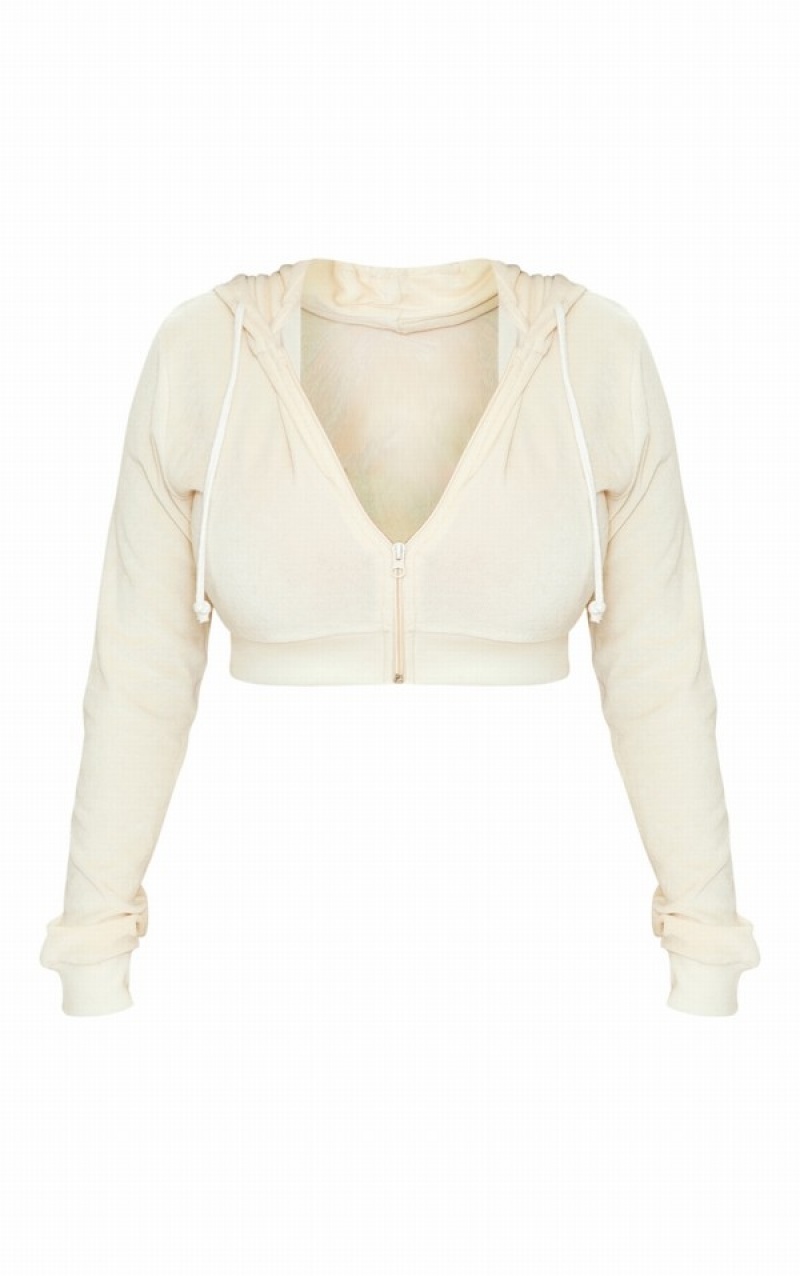 Hanorac cu Gluga Pretty Little Thing Shape Stone Velour Cropped Gri | QNZF73402