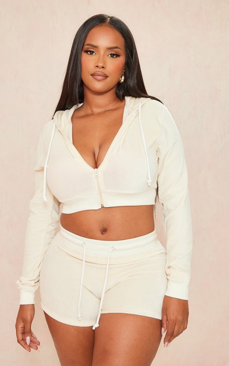 Hanorac cu Gluga Pretty Little Thing Shape Stone Velour Cropped Gri | QNZF73402