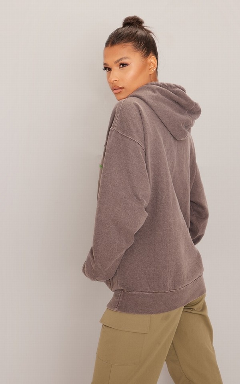 Hanorac cu Gluga Pretty Little Thing Washed Oversized Ciocolata | YTPL51267