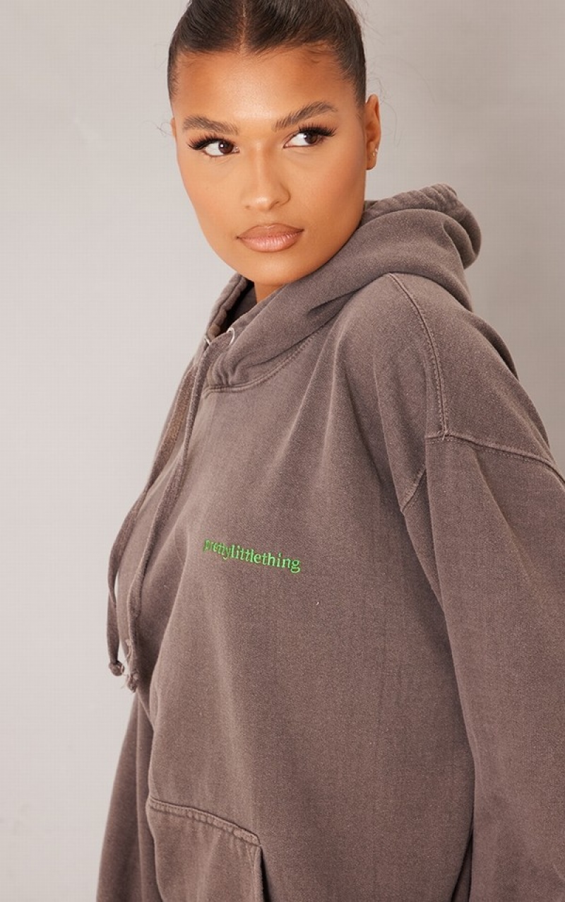 Hanorac cu Gluga Pretty Little Thing Washed Oversized Ciocolata | YTPL51267