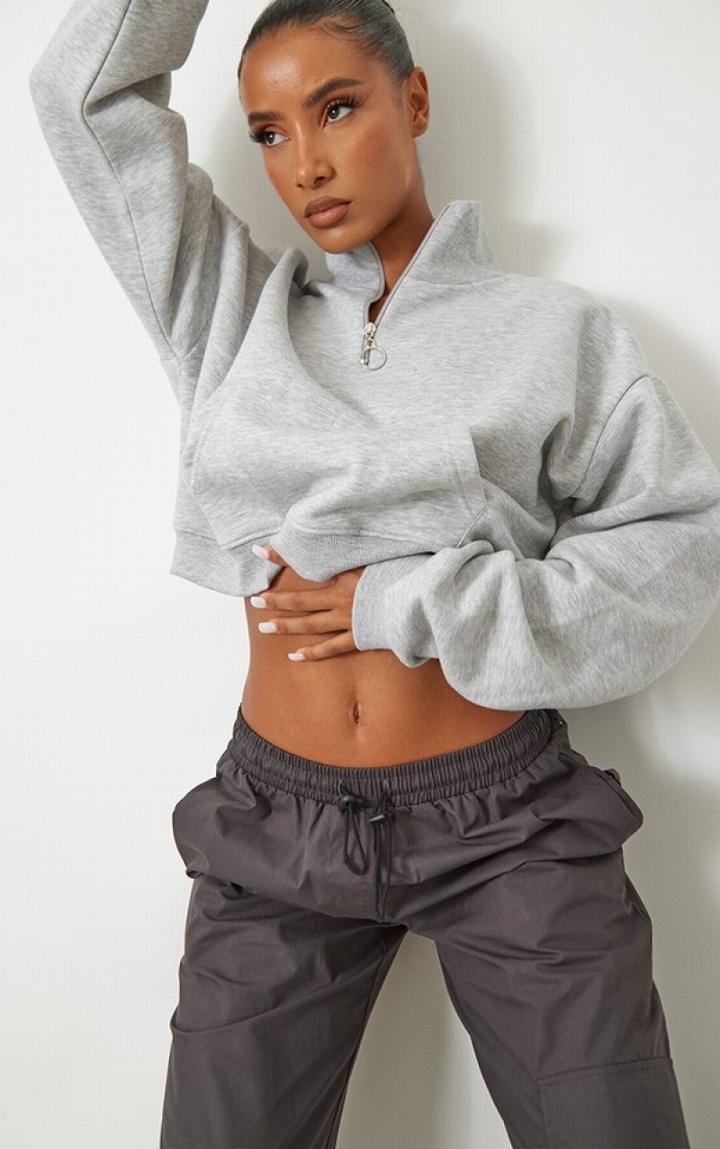 Hanorace Pretty Little Thing Ash Half Zip High Neck Crop Gri | XNEK84376