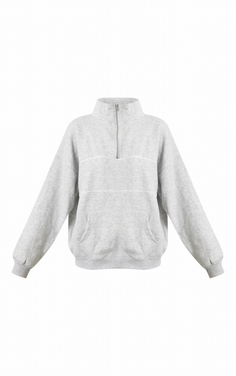 Hanorace Pretty Little Thing Ash Half Zip Oversized Contrast Piping Gri | IECQ06385