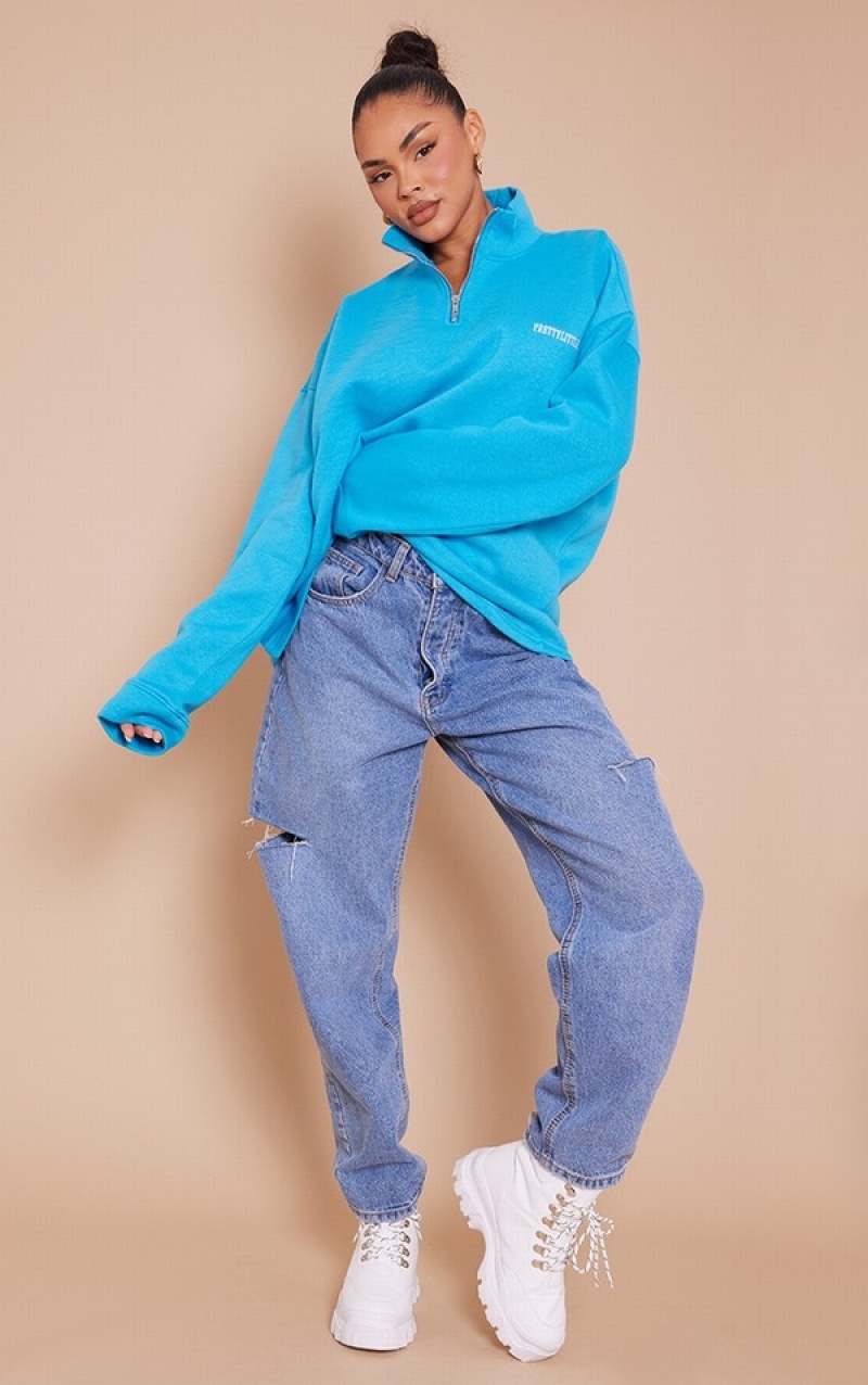 Hanorace Pretty Little Thing Bright Oversize Half Zip High Neck Albastri Deschis | ZUAM78916